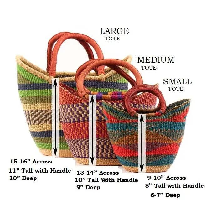 Large Green U-Shopper - Ghana Beach Tote Bag/Basket - Brown Handles: Large W:17"-19" x H: 9"-10"