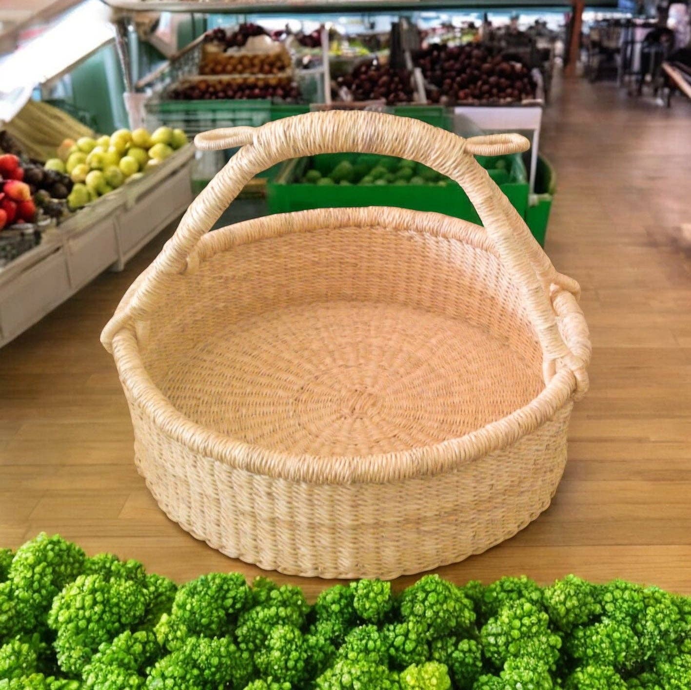 Haverst Woven Basket , Portable Garden Harvest Ghana Basket, for Picnic, Easter Eggs, Storage, Gathering Produce and eggs: Handles - No Leather