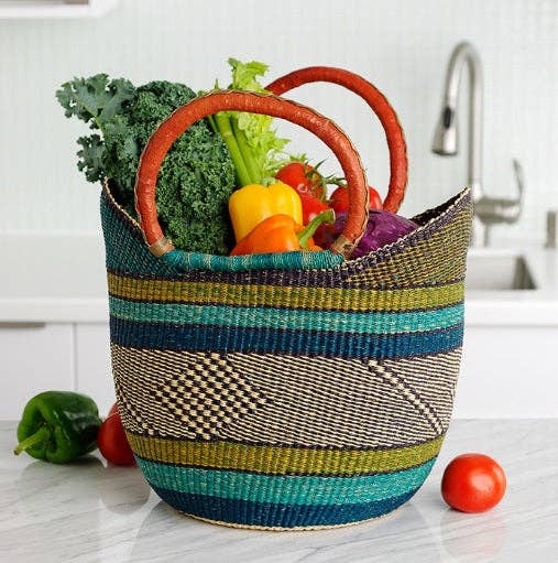 Large Green U-Shopper - Ghana Beach Tote Bag/Basket - Brown Handles: Large W:17"-19" x H: 9"-10"