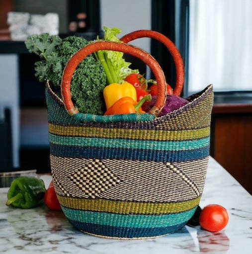 Large Green U-Shopper - Ghana Beach Tote Bag/Basket - Brown Handles: Large W:17"-19" x H: 9"-10"