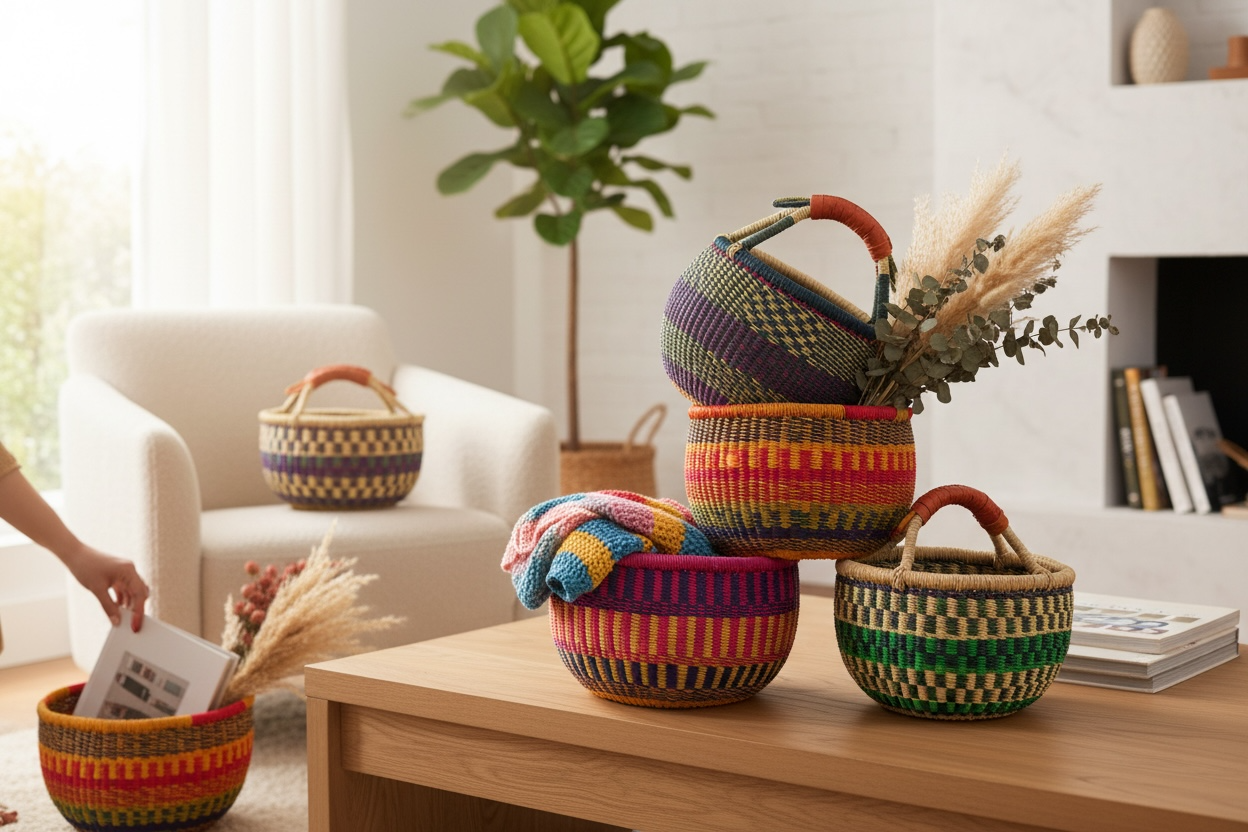 African Market Basket | Ghana Bolga Basket | (Colors Vary), 1 EA: Small: 9-11"