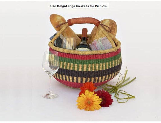 Medium Bolga Market Basket w/ Leather Wrapped Handle (Colors Vary) W: 11" - 13" H: 8"-10", 1 EA