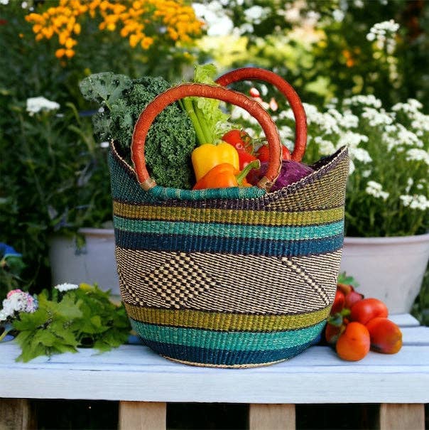 Large Green U-Shopper - Ghana Beach Tote Bag/Basket - Brown Handles: Large W:17"-19" x H: 9"-10"