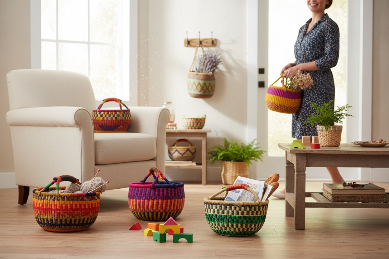 African Market Basket | Ghana Bolga Basket | (Colors Vary), 1 EA: Small: 9-11"