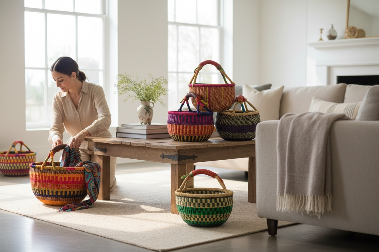 African Market Basket | Ghana Bolga Basket | (Colors Vary), 1 EA: Small: 9-11"