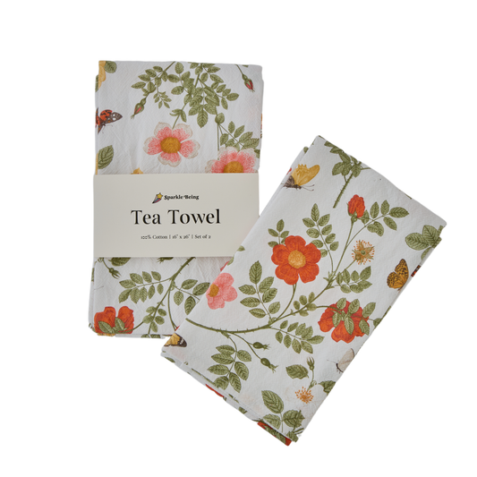 Cotton Tea Towels – Wild Roses with Butterflies Set of 2 | Floral Botanical Dish Towels