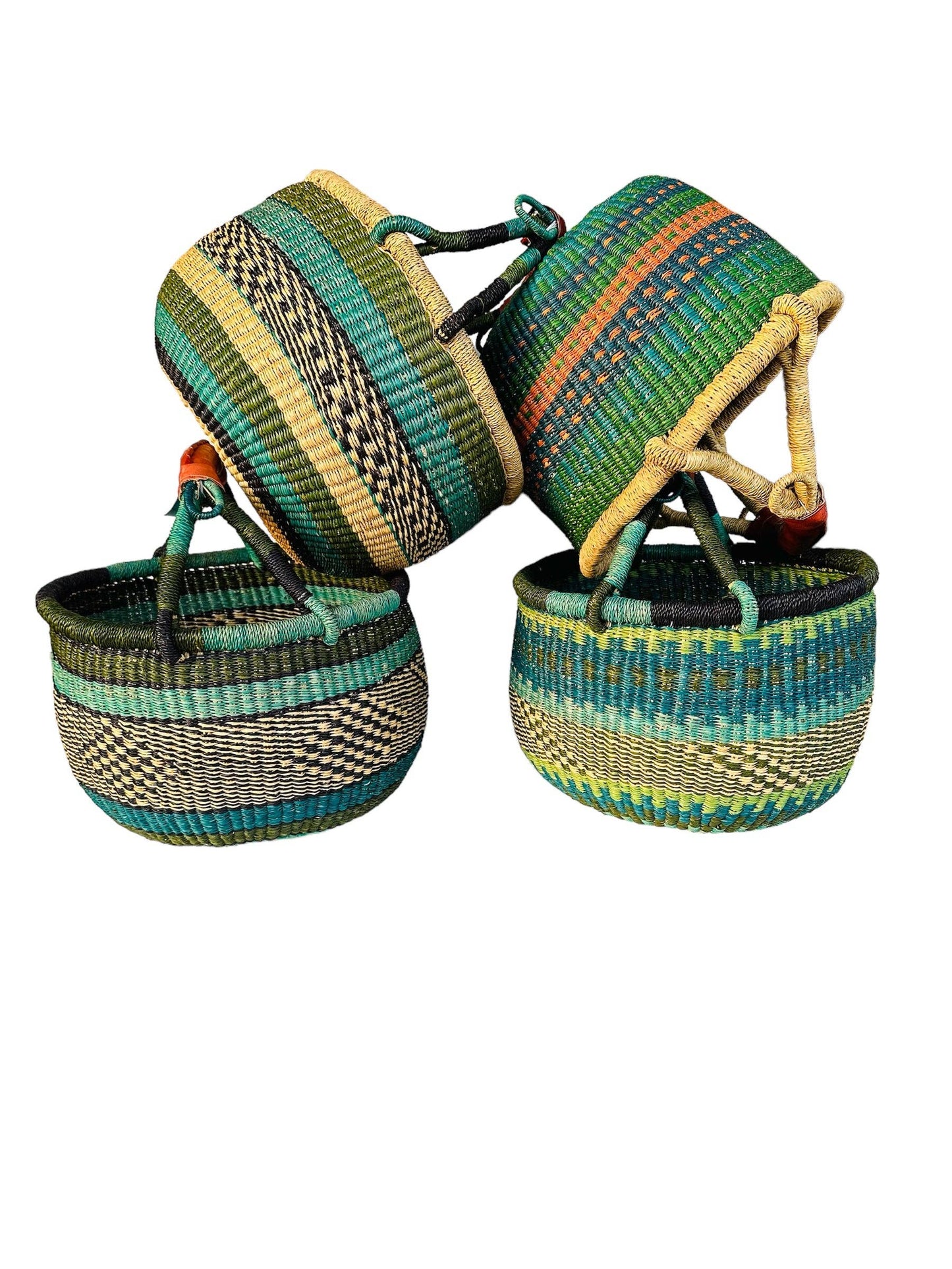 Medium Bolga Market Basket w/ Leather Wrapped Handle (Colors Vary) W: 11" - 13" H: 8"-10",  Green1 EA