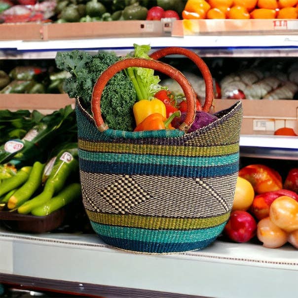 Large Green U-Shopper - Ghana Beach Tote Bag/Basket - Brown Handles: Large W:17"-19" x H: 9"-10"