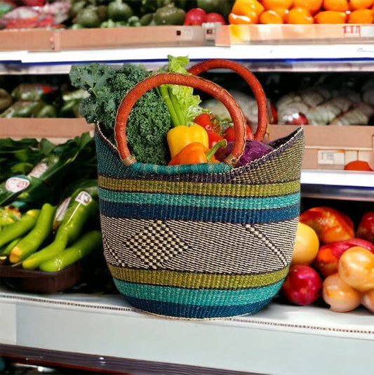 Large Green U-Shopper - Ghana Beach Tote Bag/Basket - Brown Handles: Large W:17"-19" x H: 9"-10"
