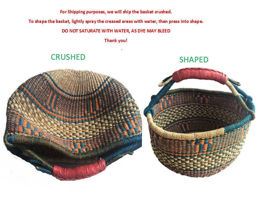 Medium Bolga Market Basket w/ Leather Wrapped Handle (Colors Vary) W: 11" - 13" H: 8"-10", 1 EA