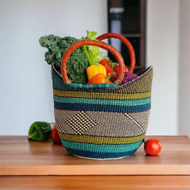 Large Green U-Shopper - Ghana Beach Tote Bag/Basket - Brown Handles: Large W:17"-19" x H: 9"-10"