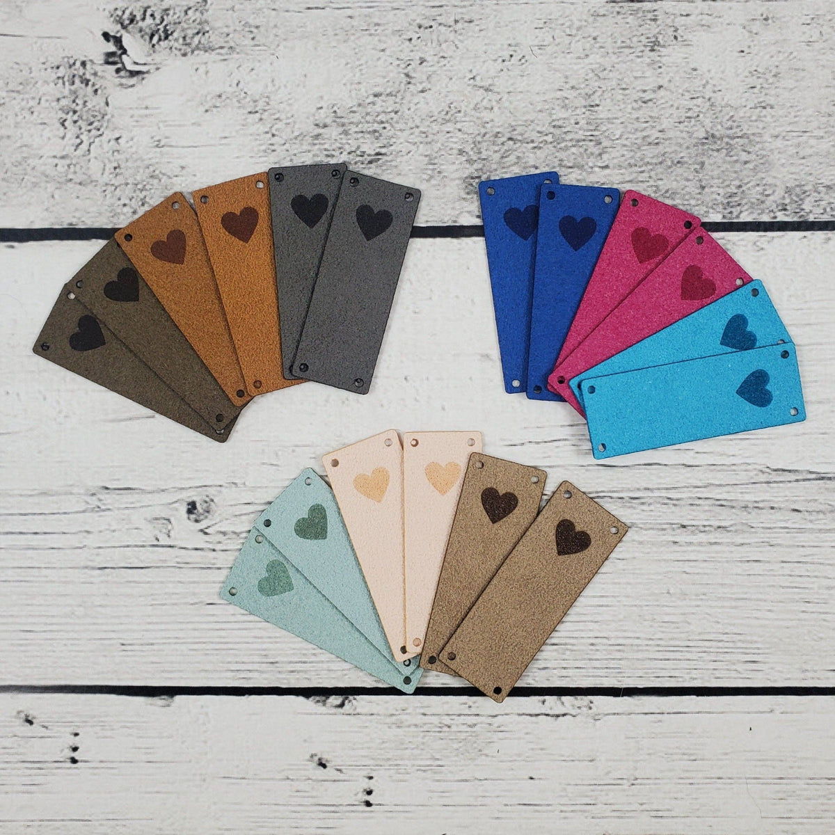 Solid Heart Foldover Tags - Faux Suede: Pastels Solid Heart Fold Over Set - 6 Tags ( 2 of each light blue/light pink/beige)