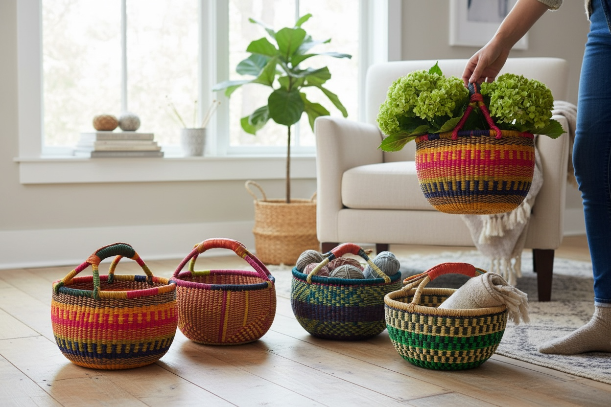 African Market Basket | Ghana Bolga Basket | (Colors Vary), 1 EA: Small: 9-11"